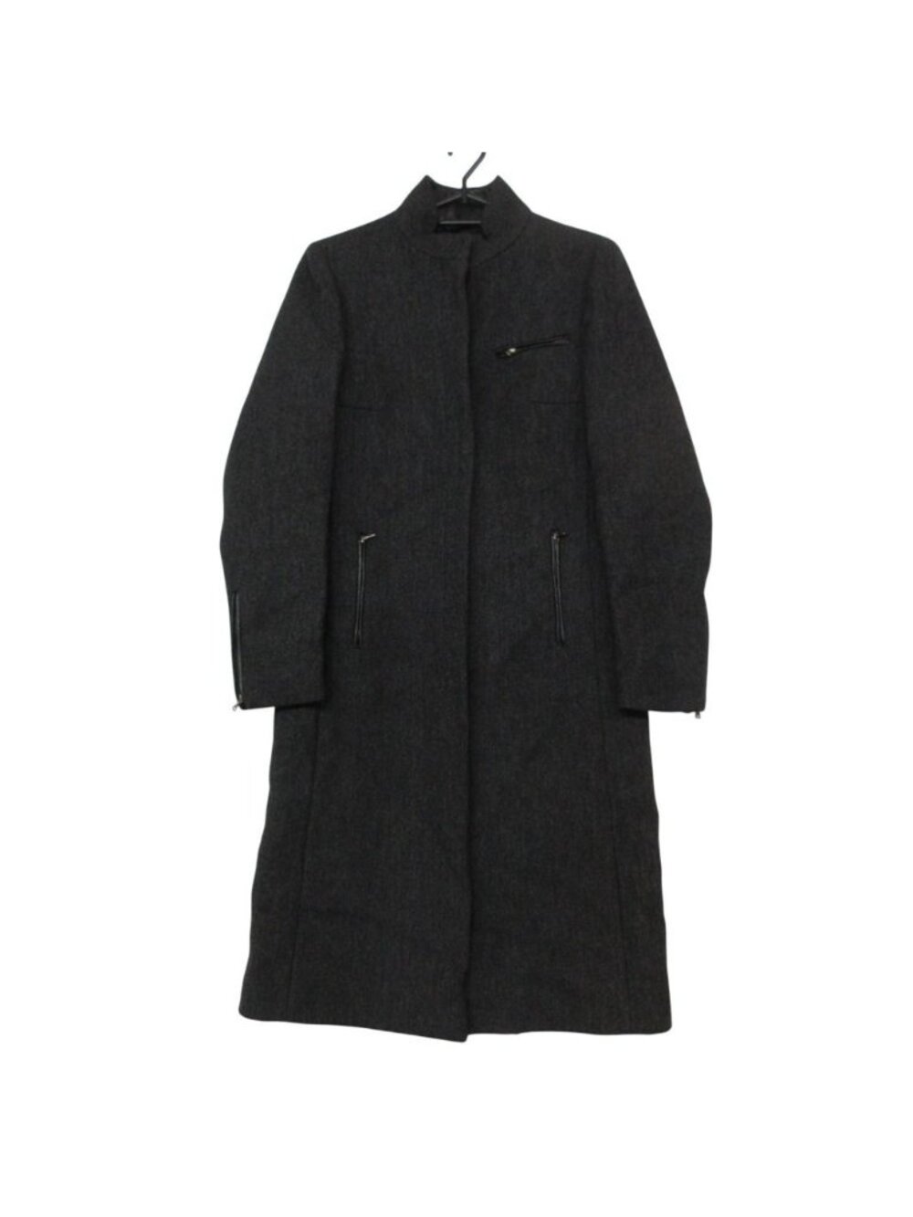 Prada Coat Leather Trim Wool Stand Collar Long Zip Up Gray